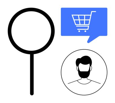 Büyüteç, mavi baloncuklu alışveriş arabası, kullanıcı profili çemberi. E-ticaret, kullanıcı deneyimi, çevrimiçi alışveriş, dijital pazarlama, web tasarımı, müşteri desteği, ürün araması için ideal. Çizgi