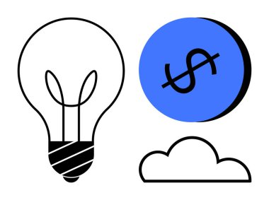 Ampul, mavi dairenin içinde dolar işareti ve bulut. Yenilik, finans, bulut hesaplama, fikirler, tasarruf teknolojisi iş büyümesi için idealdir. Modern soyut çizgi düz metafor