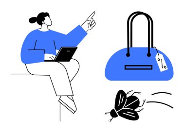 Dizüstü bilgisayar kullanan bir kadın, etiketli mavi bir çanta ve hareket halindeki uçan bir böcek. Teknoloji, moda, seyahat, eğitim, yaşam tarzı alışveriş doğa temaları için idealdir. Satır metaforu