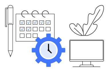 İşaretli kalem, takvim, saat, bitki ve monitör, organizasyon ve verimliliği temsil ediyor. Zaman yönetimi, planlama, verimlilik, ofis kurulumu verimliliği için ideal