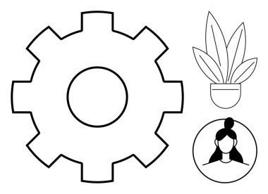 Saksı bitkisi ve insan profilinin yanında büyük teçhizat. İş ekibi çalışması, büyüme, üretkenlik, takım çalışması, kullanıcı deneyimi, kişiselleştirme, verimlilik temaları için idealdir. Minimalist soyut çizgi düz