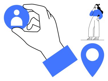 El ele tutuşan kullanıcı simgesi, yer belirleyici ve insan düşüncesi. Karar vermek için ideal, müşteri hedefleme, kullanıcı seçimi, konum hizmetleri, stratejik planlama, işe alım iş analizi