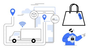 GPS konumları olan teslimat kamyonu, kablosuz sinyal, ve haritada kutular, fiyat etiketli alışveriş çantası, güvenlik kalkanı olan biri. Lojistik, tedarik zinciri, güvenlik, e-ticaret dağıtımı için ideal