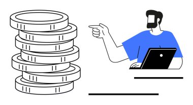 Adam dizüstü bilgisayarda çalışırken madeni para yığınını işaret ederek finansal büyümeyi, yatırımı ve tasarrufları vurguluyor. Finans, girişimcilik, iş planlaması, ekonomik strateji, zenginlik için ideal