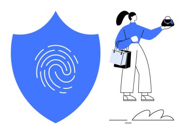 Parmak izi olan bir kalkanın yanında telefon ve alışveriş torbası tutan bir kadın. Çevrimiçi güvenlik, e-ticaret güvenliği, dijital kimlik koruması, kişisel veri güvenliği, tüketici davranışı için ideal
