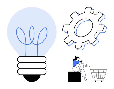 Bitkili ampul, dişli dişli dişli, alışveriş arabalı insan. Beyin fırtınası, yenilik, e-ticaret, tüketici davranışı, dijital pazarlama problem çözümü için idealdir. Soyut satır düzlüğü