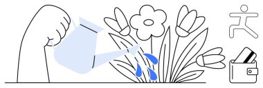 Çiçeklerin üzerine su dökme kabı, kartlı cüzdan, çalışan figür. Bahçe işleri, mali yönetim, fitness, kişisel büyüme, sürdürülebilirlik yaşam tarzı için ideal. Çizgi