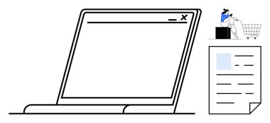 Tarayıcı pencereli dizüstü bilgisayar, ürünlerle alışveriş arabasında oturan kişi ve dijital belge. E-ticaret, çevrimiçi alışveriş, dijital pazarlama, dokümantasyon, üretkenlik, teknoloji için ideal