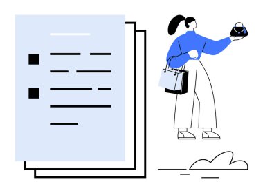 Listede el çantası ve alışveriş torbaları tutan bir kadın. Üretkenlik, alışveriş, organizasyon, görev yönetimi, perakende satış, tüketici davranışı, yaşam tarzı için ideal. Soyut çizgi düz metafor