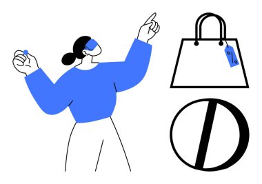 Kadın, etiketli ve yüzde sembollü el kaldırarak alışveriş çantasının yanında el hareketi yapıyor. Perakende, pazarlama, indirim, alışveriş, satış, online ticaret, tüketici davranışı kavramları için idealdir. Basit.