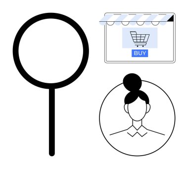 Büyüteç, kullanıcı profili ve alışveriş arabası satın alma düğmeli online mağaza önü. Ecommerce, kullanıcı araştırması, dijital pazarlama, ürün araması, çevrimiçi kimlik, perakende deneyim için ideal