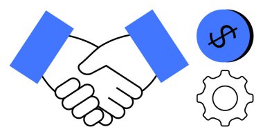İki elin titremesi anlaşma ve işbirliğinin yanı sıra finansal odak noktasını vurgulayan bir dolar işareti ve operasyonel verimliliği simgeleyen bir vites. İş, takım çalışması ve finans için ideal