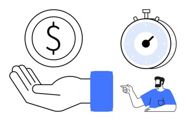 Elinde bir dolar, kronometre, işaret eden biri. İş, zaman yönetimi, verimlilik, finansal planlama, yatırım stratejisi planlama için ideal. Soyut çizgiyi düz göstermek için kombinasyon