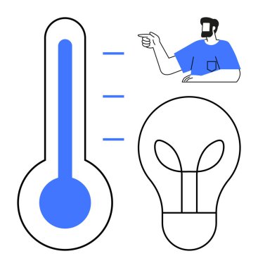 Termometre, ampul, işaret eden insan. Yenilik, enerji yönetimi, yaratıcılık, fikirler, verimlilik bilimi eğitimi ve problem çözme için ideal. Elementlerin kombinasyonu soyut satırı iletir
