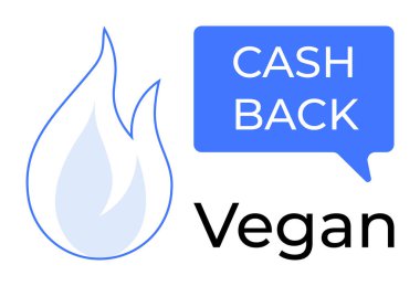 Yanında Cash Back mesajı ve altında koyu siyah vejetaryen kelimesi olan konuşma balonunun yanındaki mavi ateş ikonu. Promosyon malzemeleri, çevre dostu kampanyalar, nakit teklifleri, etik markalaşma, sağlık için ideal.