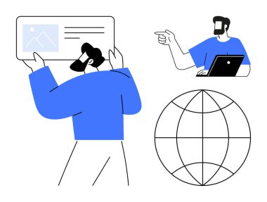 Büyük ekranda veri sunan bir adam, dizüstü bilgisayarda çalışan ve kablo çerçeveli bir küre gösteren başka bir adam. Takım çalışması, küresel işletme, dijital iletişim, çevrimiçi işbirliği, sunumlar için ideal