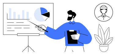 İş adamı, bar ve turta grafiklerini bir bitki ve meslektaşlarının portresiyle gösteren bir sunum panosuna işaret ediyor. İş, takım çalışması, iletişim, analiz, strateji ve veri sunumu için ideal