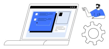 Gösterge paneli olan dizüstü bilgisayar, onu gösteren kişi ve vites simgesi. Proje planlaması, takım çalışması, işbirliği, dijital çalışma alanı, yazılım geliştirme, çevrimiçi araçlar uzaktan çalışma kavramları için ideal