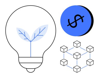 Bitkili ampul, mavi dolar işareti simgesi ve engelleme ağı. Sürdürülebilirlik, yenilik, finans, teknoloji, çevre dostu çözümler ekonomik büyüme yenilenebilir enerji için idealdir. Minimalist