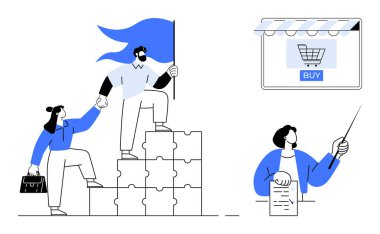 Meslektaşlar bulmaca bloklarına tırmanıyorlar, ellerinde bayrak tutuyorlar, bir diğeri de el arabası simgesi ve satın alma düğmesiyle çevrimiçi bir mağazayı işaret ediyor. Takım çalışması, liderlik, çevrimiçi alışveriş, iş hedefleri, e-ticaret için ideal