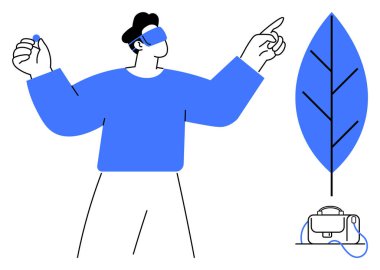 Kullanıcı sanal ortamla büyük yaprak ve elektronik cihazın bitişiğindeki VR kulaklıkla etkileşir. Teknolojik yenilik için ideal, sanal gerçeklik, ekoloji, modern aletler, eğitim, gelecekçi