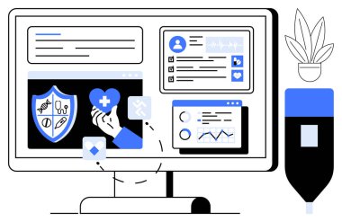 Bilgisayar ekranında sağlık göstergesi, tıbbi ikonlar, hasta bilgileri, grafikler ve hayati göstergeler var. Yakınlarda saksı bitkisi ve serum var. Sağlık teknolojisi, tıbbi yazılım ve hasta bakımı için ideal