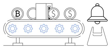 Bitcoin 'li taşıma bandı, bozuk paralar, dişli dişliler, çan ve alışveriş çantası. Finansal teknoloji, engelleme zinciri, kripto para birimi, otomasyon ticareti dijital ekonomi ve yenilik temaları için ideal