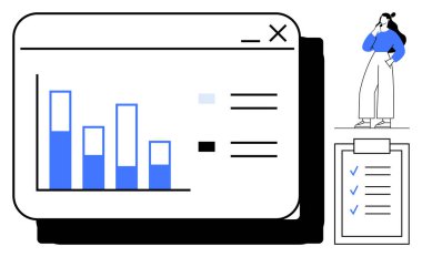 Bir bilgisayar penceresinin içindeki çubuk grafik, kullanıcı düşüncesi ve keneli kontrol listesi. Veri analizi, proje yönetimi, verimlilik izleme, iş anlayışı, verimlilik, organizasyon stratejisi için ideal
