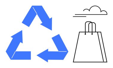 Üç oklu mavi geri dönüşüm üçgeni, saplı siyah alışveriş çantası ve basit bulut çizimi. Çevre bilinci, sürdürülebilir alışveriş, çevre dostu ürünler, geri dönüşüm için ideal