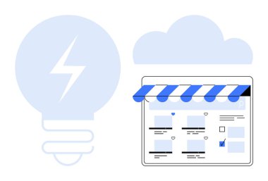 Çizgili bir tente, büyük bir ampul ve bulut simgesi altında açık bir web sayfası. E-ticaret, çevrimiçi alışveriş, dijital pazarlama, yenilik, bulut hizmetleri, web tasarımı ve teknoloji için ideal