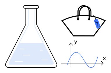 Sıvı içeren şişe, etiketli çanta ve etiketli eksenli sinüs dalgası grafiği. Bilim, araştırma, eğitim, finans, tüketici davranışı, veri analizi ve düz çizgi metaforu için ideal