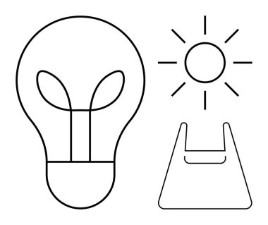 Yapraklı ampul, güneş ve çevre dostu çanta. Çevresel farkındalık için ideal, yenilenebilir enerji, sürdürülebilirlik, eko-dostluk, temiz enerji, yenilik modern yaşam tarzı soyut çizgi