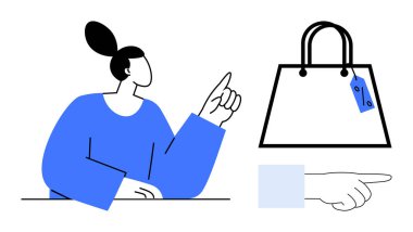 Kadın fiyat etiketli alışveriş çantasına işaret ediyor. El dikkatleri üzerine çeker. Perakende satış, karar verme, tüketici tercihleri, alışveriş rehberliği, ürün seçimi, e-ticaret pazarlaması için ideal. Soyut