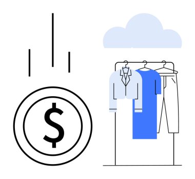 Elbise askılığı, gömlek, mavi takım elbise ve bulut altındaki pantolonlar yanında aşağı doğru oklar olan dolar sembolü. Moda endüstrisi, perakende yönetimi, finans, bütçe, e-ticaret, ekonomi için ideal