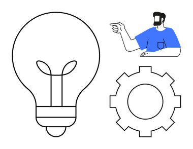 Ampul çizgisi, vites şekli ve işaret eden biri. Fikirler, yenilik, yaratıcılık, beyin fırtınası, problem çözme, teknoloji takım çalışması kavramları için idealdir.