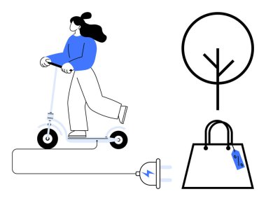 Elektrikli scooterlı kadın güç kaynağına bağlanmış, minimalist ağaç sembolü, fiyat etiketli alışveriş çantası. Çevre dostu yaşam, sürdürülebilirlik, kentsel ulaşım, minimalizm ve alışveriş için ideal