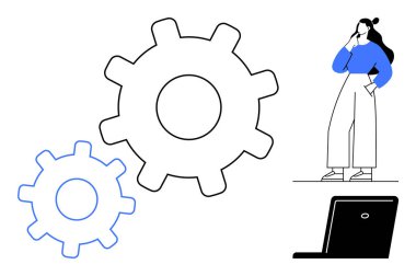 Mavi elbiseli kadın özenle ayakta duruyor, iki vites önemli bir yere yerleştirilmiş, ve bir dizüstü bilgisayar köşesi. Yenilik, problem çözme, teknoloji, mühendislik, planlama ve yaratıcılık için ideal. Siyah