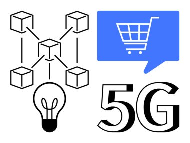 Birbirine bağlı küpleri, mavi konuşma balonunda ecommerce alışveriş arabası, 5G bağlantı sembolü ve ampullü blok zinciri ağı. Çevrimiçi dijital dönüşüm, teknoloji entegrasyonu için ideal