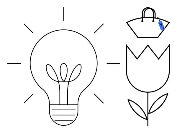 Линейное искусство лампочки с рейзами, символизирующими идеи, цветок, символизирующий природу, сумочка для торговли. Идеально подходит для творчества, инноваций, природы, шопинга, моды, экологии.