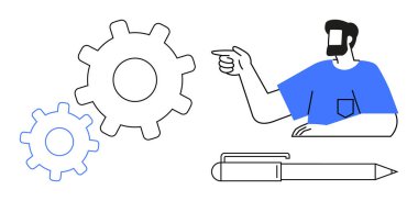 Mavi gömlekli kişi iki vitesi işaret ediyor. Biri büyük, biri küçük. Kalem sahnenin altında. Yenilik için ideal, takım çalışması, mühendislik, yaratıcılık, üretkenlik, problem çözme beyin fırtınası