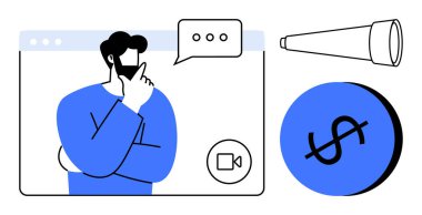 Düşünen adam, konuşma balonu, video çağrı ikonu, teleskop ve dolar işareti çemberi. Sanal toplantılar için ideal, uzak çalışma, mali planlama, gelecekteki vizyon danışmanlık iş stratejisi