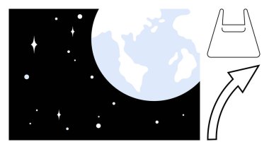 Uzaydan gelen Dünya gezegeni, yukarı doğru ok ile yüzen plastik torba. Sürdürülebilirlik, kirlilik farkındalığı, çevre koruma, geri dönüşüm kampanyaları, atıkların etkileri, küresel etki