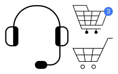 Solunda mikrofon olan siyah kulaklık. Sağda iki alışveriş arabası, birinde mavi alarm çemberi var. Müşteri desteği, e-ticaret, çevrimiçi alışveriş, perakende, iletişim, hizmet için ideal