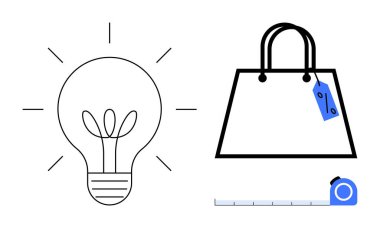 Işıklı ampul, mavi etiketli alışveriş çantası, mezura. Yaratıcılık, perakende, alışveriş, ölçü, kesinlik, indirimler için idealdir. Siyah mavi beyaz soyut çizgi