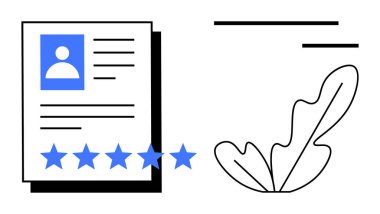 Bir kişi simgesi ve metin satırına sahip profil kartı, beş mavi yıldızla birlikte, incelemeleri gösteriyor. Soyut siyah beyaz yaprak çizimi. Değerlendirme, geri bildirim, gözden geçirme sistemleri için ideal