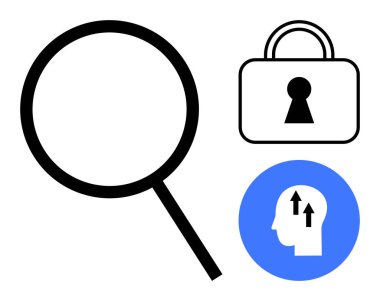 Büyüteç, asma kilit, kafası mavi daireli. Araştırma, güvenlik, yenilik, mahremiyet, veri analizi entelektüel büyüme ve bilgi için idealdir. Satır metaforu