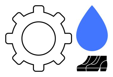 Makineleri temsil eden dişli, sıvıları sembolize eden mavi su damlası ve altyapıyı gösteren fabrika boruları. Endüstri, mühendislik, imalat, verimlilik, sıvı yönetimi için ideal