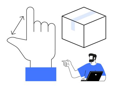 El ölçümü jesti, bant kutusu, dizüstü bilgisayarı olan biri. E-ticaret, lojistik, çevrimiçi siparişler, paket izleme, dağıtım hizmetleri, ambalaj ölçüm kılavuzları için ideal