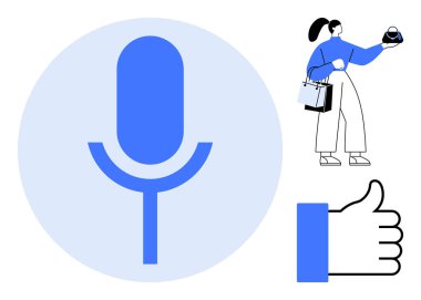 Büyük mavi bir mikrofon ikonu, elinde cep telefonu olan alışveriş torbası olan bir kadın ve bir işaret. Çevrimiçi alışveriş, dijital pazarlama, ses tanıma, sosyal medya bağlantısı ve tüketici için ideal