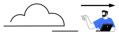 Dizüstü bilgisayarda çalışan sakallı bir adam, okla bir bulutu işaret ediyor. Teknoloji, bulut hesaplama, gelecek, rehberlik, yenilik, stratejik dijital dönüşüm için ideal. Soyut çizgi